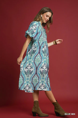 Blue Abstract Midi Dress