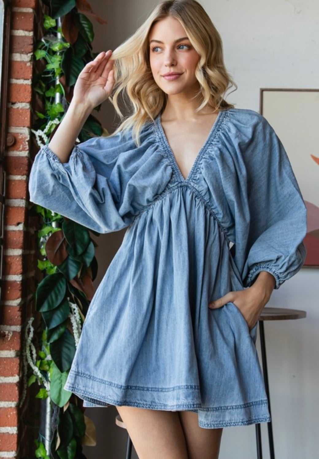 Puff Sleeve Denim Dress