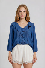 Ruffled Collar Chambray Top