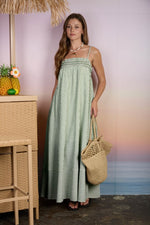 Embroidered Green Stripe Maxi Dress