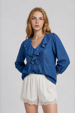 Ruffled Collar Chambray Top