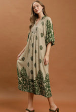 Border Print Smocked Midi