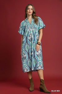 Blue Abstract Midi Dress